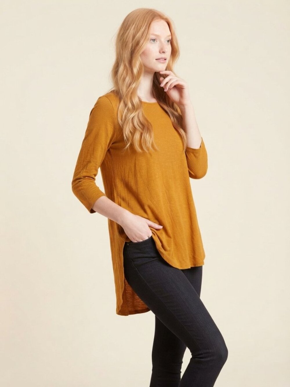 2/$30 T TAHARI High Low Tunic Top 3/4 Sleeve Marigold 1X #A4754